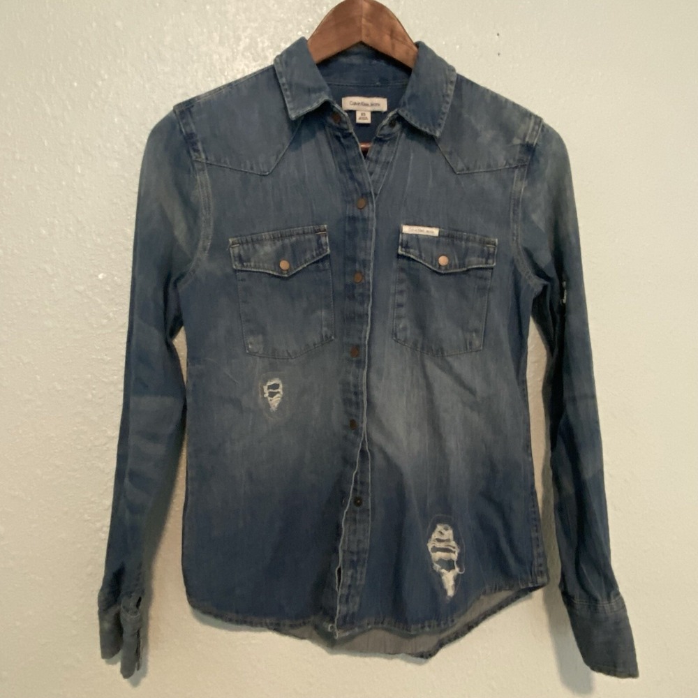 Calvin‎ Klein Retro Western button Up shirt Women's Distressed XS Chambray
